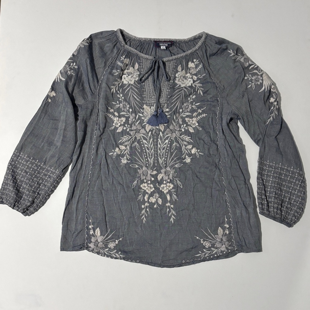 Johnny Was Workshop Oleander Marrakesh Blouse Chambray White Blue Size XS - Picture 3 of 11
